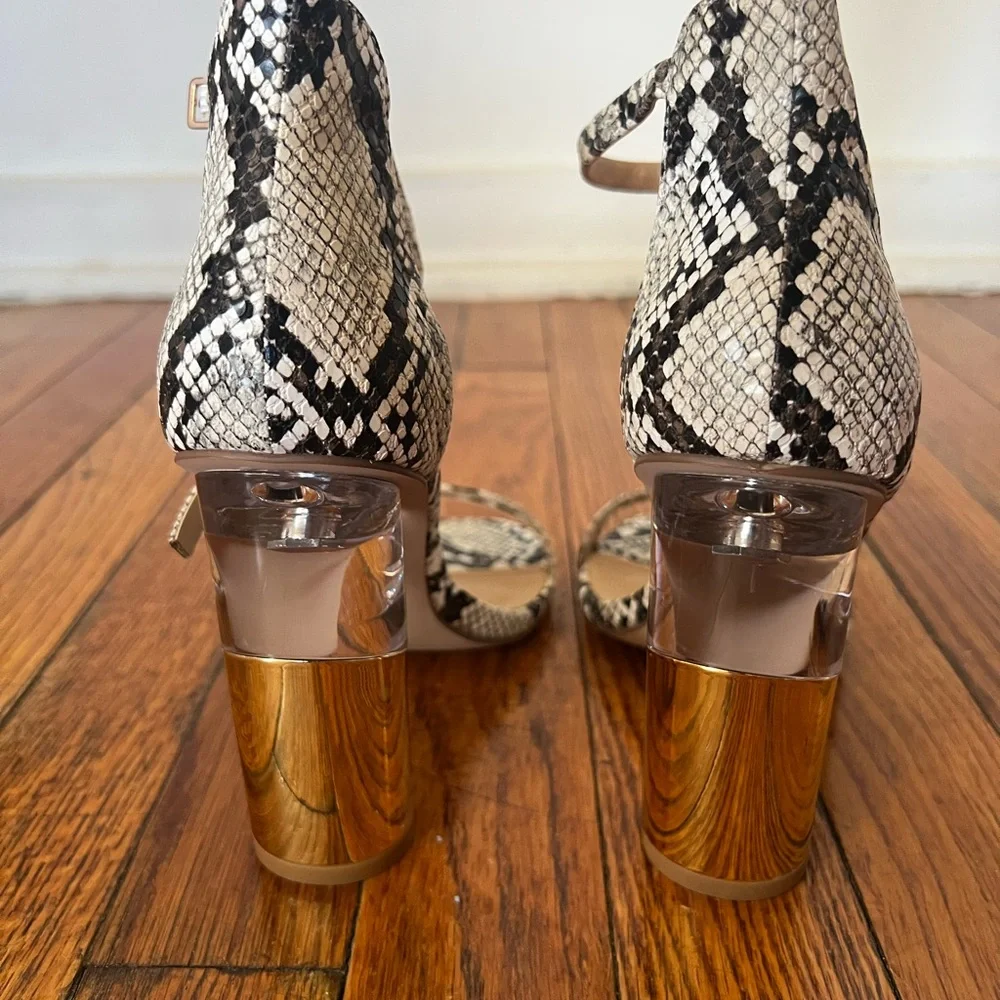 Shoe Dazzle Black and White Snakeskin Heels with Gold Block Heel - Picture 2 of 6